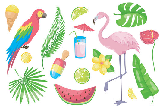 Summertime set graphic elements in flat design. Bundle of ice cream, parrot, palm leaves, lemon, lime, cocktail, flamingo, watermelon, tropical flowers and other. Vector illustration isolated objects