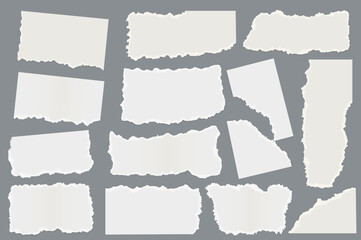 Torn paper set graphic elements in flat design. Bundle of different shapes of white ripped paper scraps with empty spaces, page pieces with torn ripped edges. Vector illustration isolated objects - obrazy, fototapety, plakaty