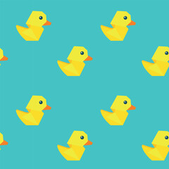 Seamless pattern with yellow rubber ducks and soap bubbles. paper origami