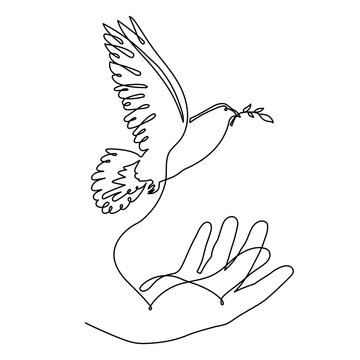 recommend clip art: Hand with dove of peace and olive branch, one line art continuous contour. Hand drawn palm with pigeon,doodle hope bird sign of freedom and independence.Editable stroke.Isolated.Vector illustration