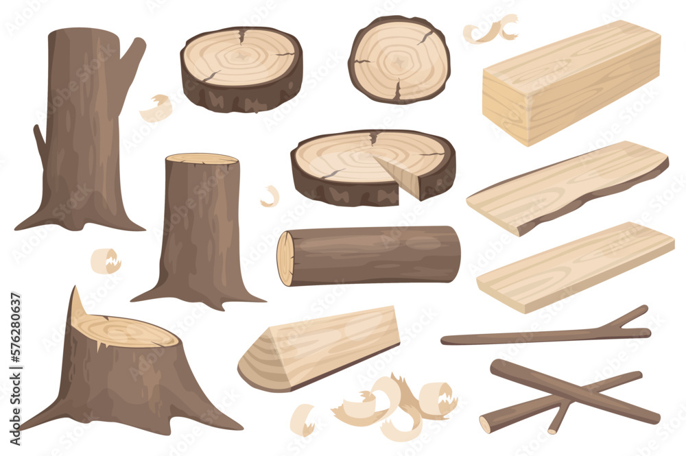 Poster wood logs set graphic elements in flat design. bundle of different type of tree trunks, stumps, wood