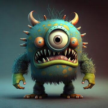 A small creepy yellow-blue monster looks surprised, in a cartoon style on a blue background. Three eyes, fantasy creature, teeth, spikes, high resolution, art, generative artificial intelligence