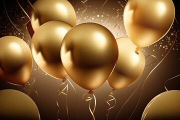 Golden balloons on a golden gradient background. Luxury look, sequins, gift, holiday, weekend, high resolution, art, generative artificial intelligence