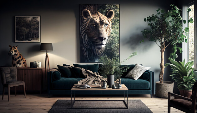 Wildes Wohnzimmer mit Sofa und Löwe, Generative AI