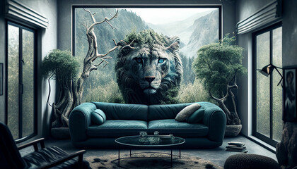 Wildes Wohnzimmer mit Sofa mit Löwenportrait, Generative AI
