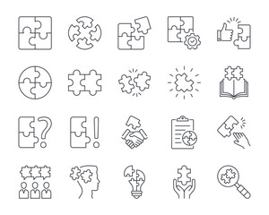 Vector puzzle icons. Editable stroke line icon set. Simple elements teamwork problem solving. Questions and answers decision making planning. Creative idea handshake search whole and particular