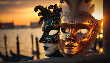 Fotobehang Two venetian carnival masks on background on Venice. Based on Generative AI © Yeti Studio