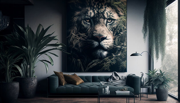 Wildes Wohnzimmer mit Sofa mit Löwe, Generative AI