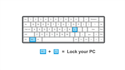 vector control win+ L = Lock Your PC - keyboard shortcuts  - windows with keyboard white and blue illustration and transparent background isolated Hotkeys - obrazy, fototapety, plakaty