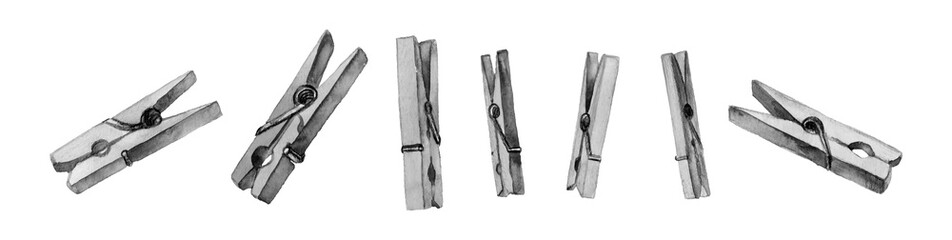 Watercolor illustration of hand drawn vintage clothespins. Ink drawing, graphic style. Beautiful household design elements.