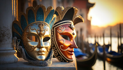 Two venetian carnival masks on background on Venice. Based on Generative AI