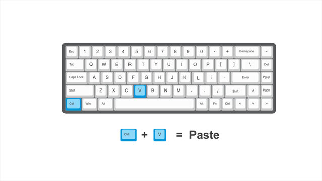 vector control CTRL + V = Paste - keyboard shortcuts to Cut - windows with keyboard white and blue illustration and transparent background isolated Hotkeys