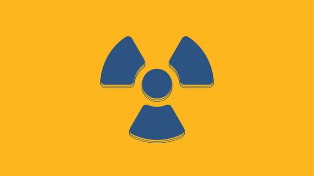 Blue Radioactive icon isolated on orange background. Radioactive toxic symbol. Radiation Hazard sign. 4K Video motion graphic animation