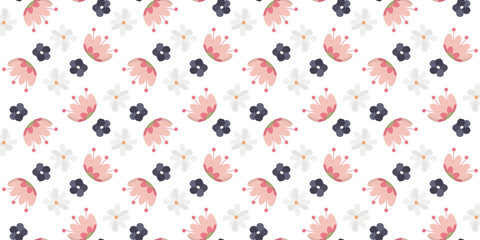 Seamless wild flowers in gentle colors. Tulips, forget-me-nots and greens. For textiles. baby clothes. Printing on fabric
