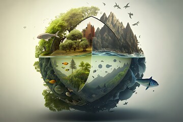 An interesting concept idea of the ecology of the cycles of nature. Untouched nature, green peace, green shades, wild animals, high resolution, art, generative artificial intelligence - obrazy, fototapety, plakaty