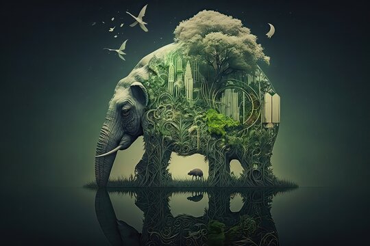 An interesting concept idea of ecology in the form of a elephant made of vine. Untouched nature, green peace, green shades, wild animals, high resolution, art, generative artificial intelligence