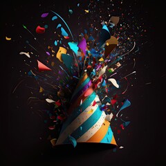 Party ribbons covered in confetti party hat on a black background. Festive atmosphere, birthday, high resolution, art, generative artificial intelligence