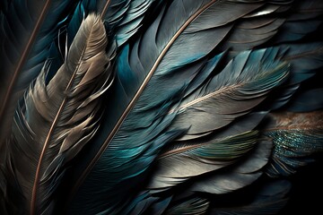 Close Up of Golden Blue Black Feathers, Background Texture Art, Created by Generative AI Technology