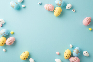 Obraz na płótnie Canvas Easter party concept. Top view photo of composition of colorful quail eggs on isolated pastel blue background with empty space in the middle
