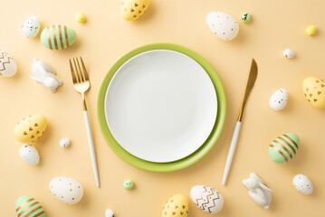 Easter concept. Top view photo of empty dishes cutlery colorful easter eggs and ceramic rabbits on isolated beige background with copyspace