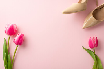 Mother's Day concept. Top view photo of pink tulips and beige high heel shoes on isolated pastel pink background with empty space