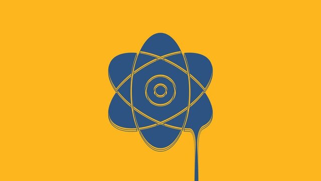 Blue Atom icon isolated on orange background. Symbol of science, education, nuclear physics, scientific research. Electrons and protons sign. 4K Video motion graphic animation