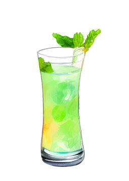 Vector green and yellow summer cocktail with lemon in glass painted in watercolor on a white background.