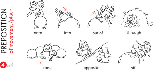 Preposition of movement Funny penguins cartoon set
