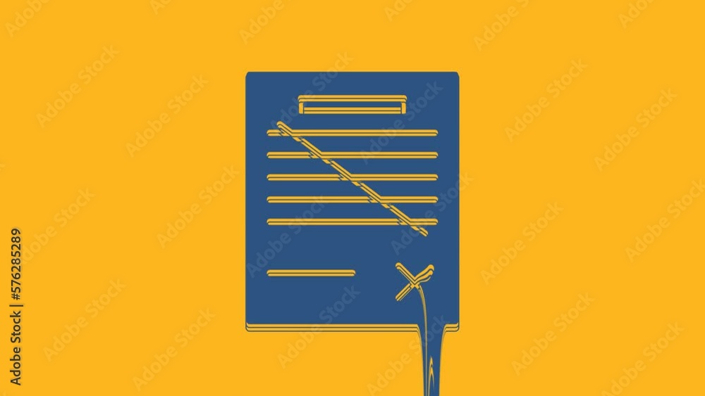 Poster blue delete file document icon isolated on orange background. rejected document icon. cross on paper