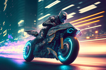 Mad rider on a motorcycle rides at high speed through the city's night street. Postproducted generative AI illustration.