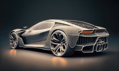 Fototapeta na wymiar Prototype concept of sports car on dark background. Postproducted generative AI illustration.