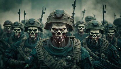 Fototapeta premium Fantasy scene with zombies on the road. Halloween. Horror movie. Generative AI