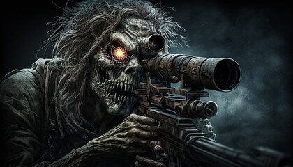 Scary zombie with a gun on dark background. Halloween concept. Generative AI - obrazy, fototapety, plakaty