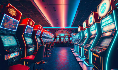 Luxury casino interior with many slot machines. Postproducted generative AI illustration.