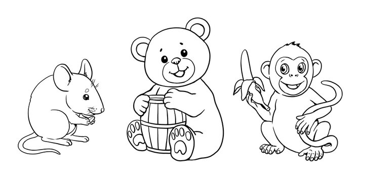Cute mouse, teddy bear and monkey to color in. Template for a coloring book with funny animals. Coloring template for kids.
