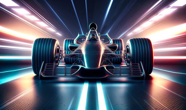 Racing formula car ride to finish at high speed motion. Postproducted generative AI illustration.
