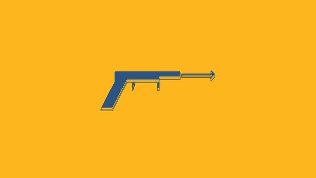Blue Fishing harpoon icon isolated on orange background. Fishery manufacturers for catching fish under water. Diving underwater equipment. 4K Video motion graphic animation