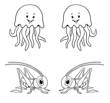 Cute jellyfish and grasshopper to color in. Template for a coloring book with funny animals. Coloring template for kids.