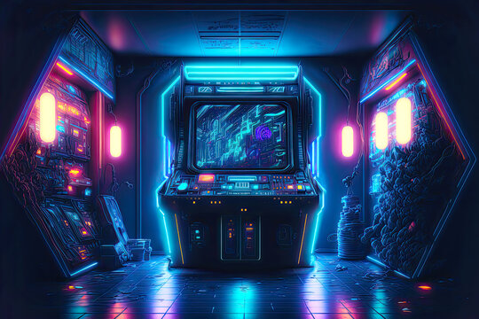 Arcade gaming machine at dark neon lighted room. Postproducted generative AI illustration.