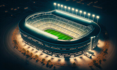 Soccer stadium at night from above. Postproducted generative AI illustration.
