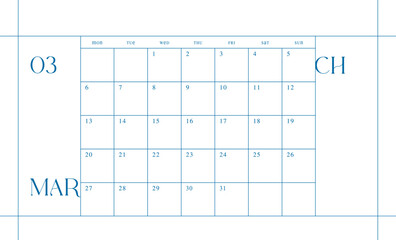 March 2023 simple design digital and printable calendar template illustration. Notes, scheduler, diary, calendar, memo, planner document template background. 