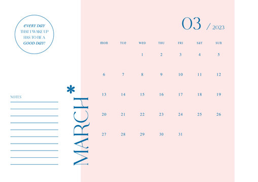 March 2023 simple design digital and printable calendar template illustration. Notes, scheduler, diary, calendar, memo, planner document template background. 