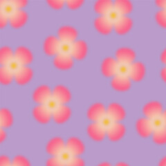 Trendy seamless pattern with y2k blurred gradient daisy flower on purple background. Groovy color background.