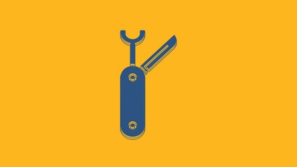 Blue Swiss army knife icon isolated on orange background. Multi-tool, multipurpose penknife. Multifunctional tool. 4K Video motion graphic animation