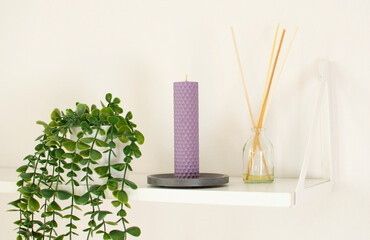 purple candle and an air freshener on a white shelf in the room next to a houseplants. Bathroom accessories. Home decor