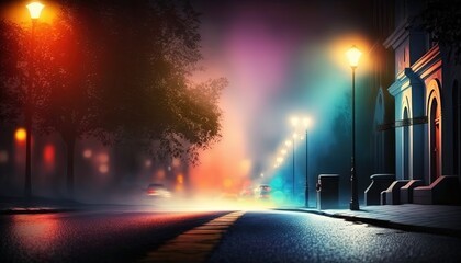 urban modern city street with light burst, mystery night background wallpaper, Generative Ai