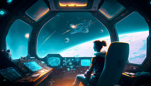 Generative AI illustration of a Creative Man relaxing in cockpit of spaceship looking up at the stars and planet 