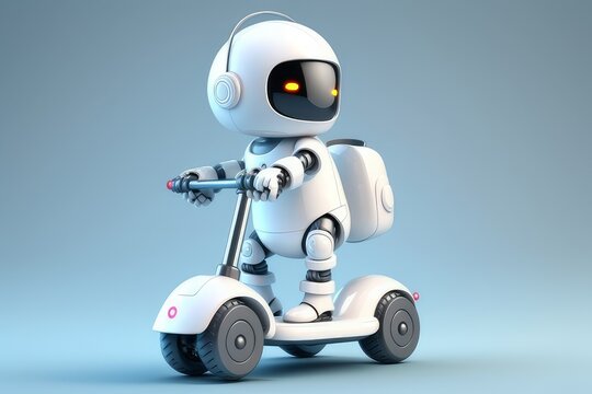 Cute Smart Robot Driving An Electric Scooter. Delivery Concept. Future Technologies. Ai Image