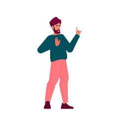 Man Standing in Protective Stance with Tense Facial Expression During Conflict. Male Character Defensive Posture