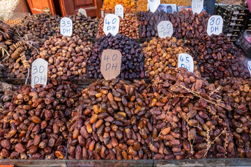 Different types of dates for sale in a souk in the Medina in Marrakech